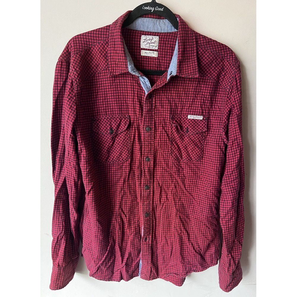 💚 Lucky Brand‎ M Red Black Plaid Flannel Cotton Long-Sleeve Shirt Western